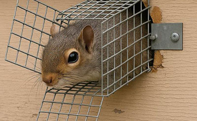 Squirrel exiting a one-way exclusion trap on house siding.